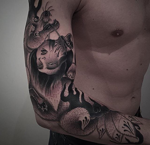 点击大图看下一张：奇异的黑白灰色纹身图案来自男纹身师卢波（Lupo Horiokami）