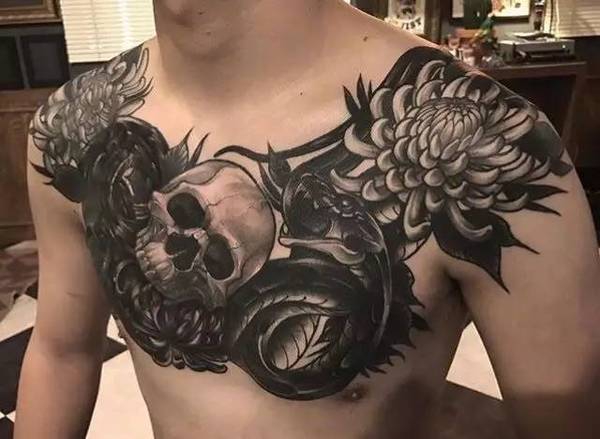 点击大图看下一张：韩国纹身师Gara暗黑系黑灰写实骷髅纹身