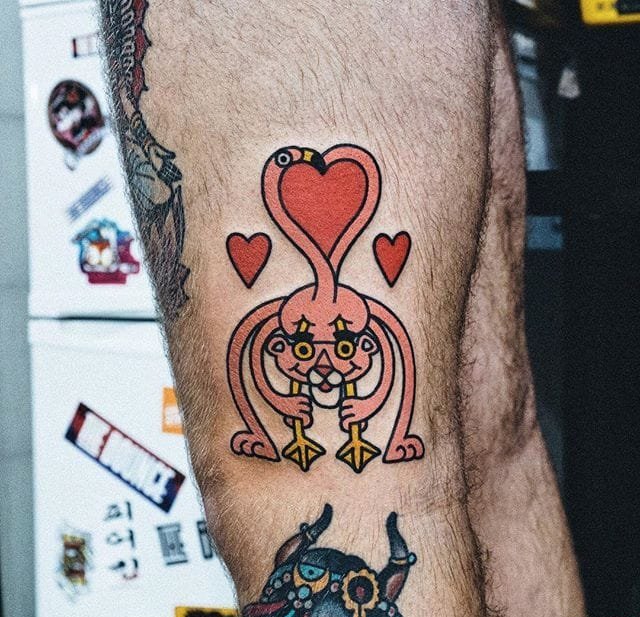 点击大图看下一张：超可爱的纹身卡通人物粉红豹火烈鸟纹身图案