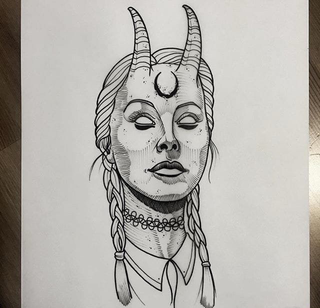 点击大图看下一张：离奇和诡异的人物肖像纹身设计手稿来自纹身师丹尼尔