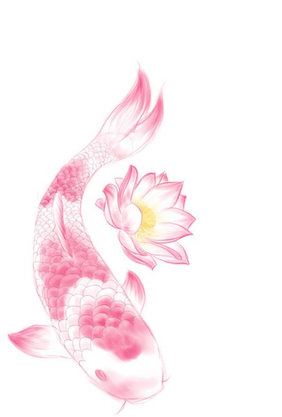 点击大图看下一张：粉色莲花绕鲤鱼刺青图片