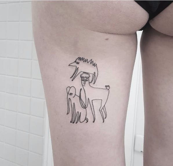 点击大图看下一张：黑色的卡通动物和人物简易画纹身图案来自于纹身师比昂卡