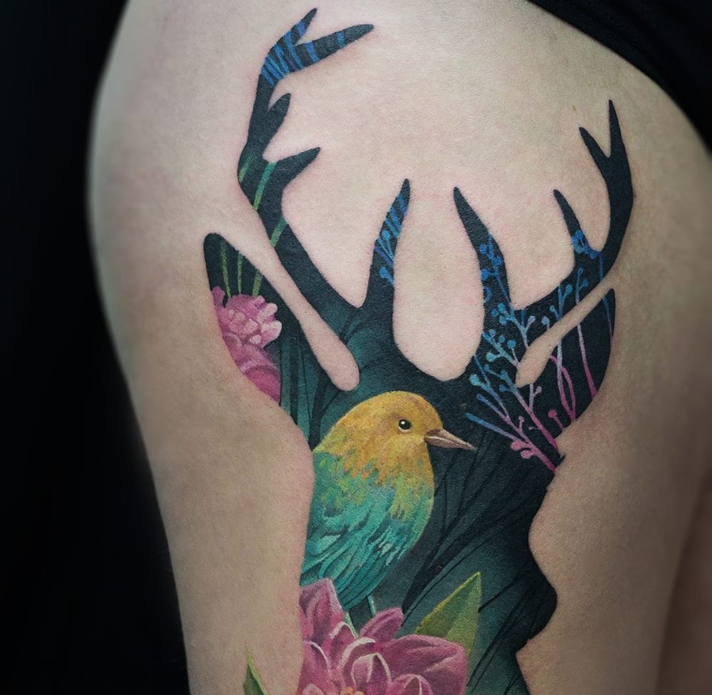 点击大图看下一张：精致的动物和花卉双重曝光轮廓纹身图案来自纹身师安德烈