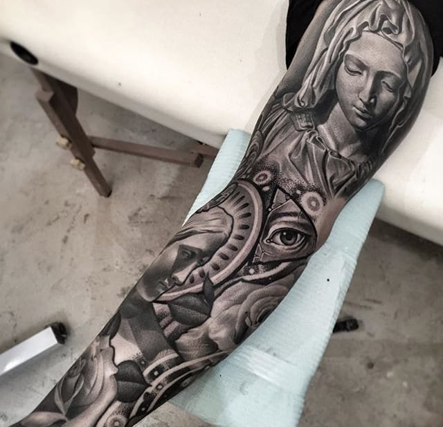 点击大图看下一张:满臂人物肖像黑灰色袖子纹身图案来自李尔