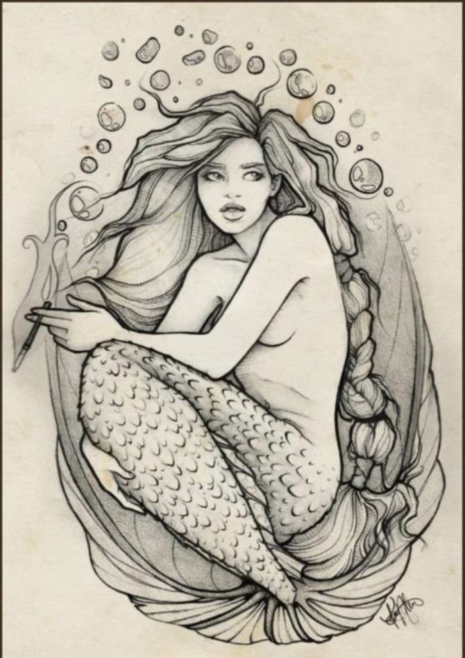 点击大图看下一张：四款漂亮的美人鱼纹身图案手稿素材