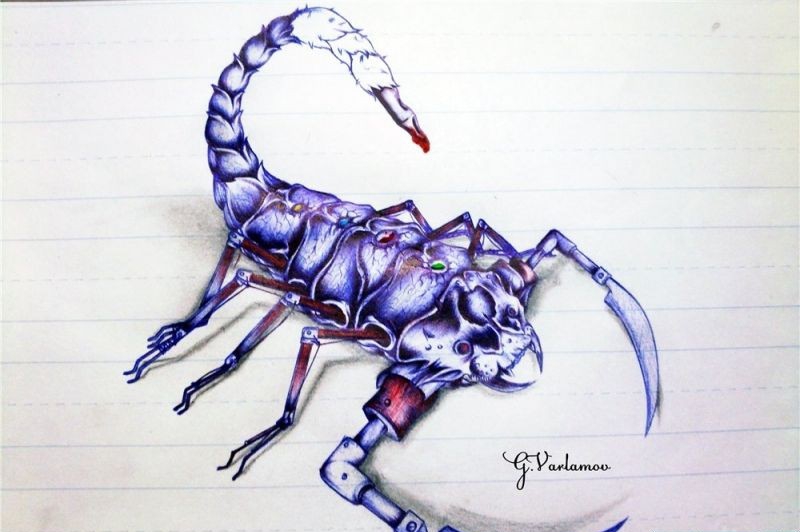 点击大图看下一张：好看的蓝色蝎子纹身手稿图片
