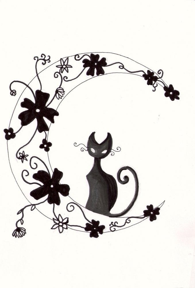 点击大图看下一张：12款漂亮的黑色猫图腾纹身图案手稿素材