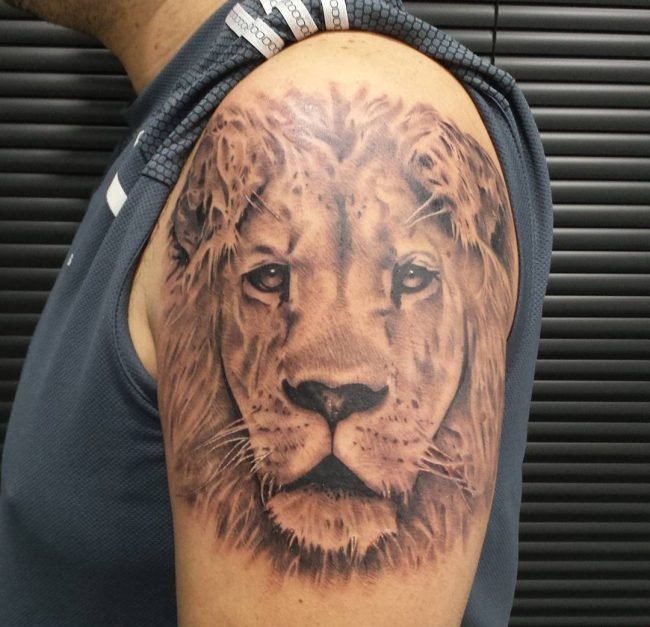 点击大图看下一张：大臂膀上威武的雄狮纹身图案欣赏