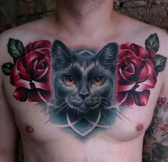 点击大图看下一张：男性满胸漂亮的玫瑰花和猫纹身图片