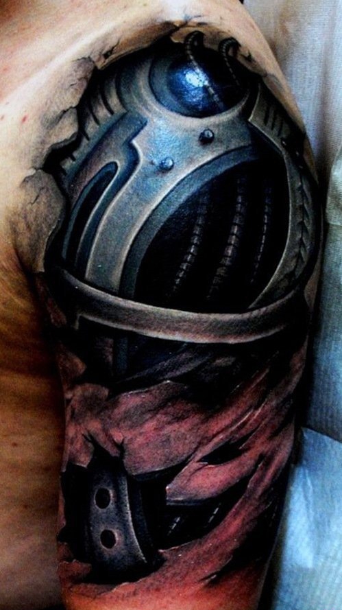 点击大图看下一张:让人感觉无比有力的男性生物机械花臂纹身图案