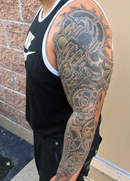 点击大图看下一张：让人感觉无比有力的男性生物机械花臂纹身图案