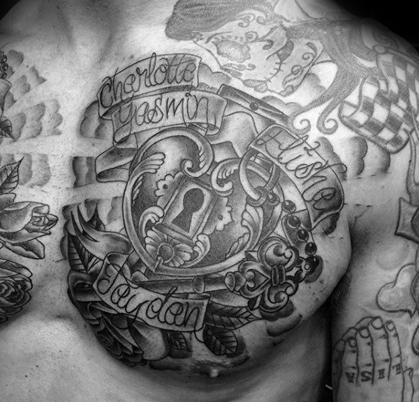 点击大图看下一张：男人胸部上多式样的锁头纹身图案