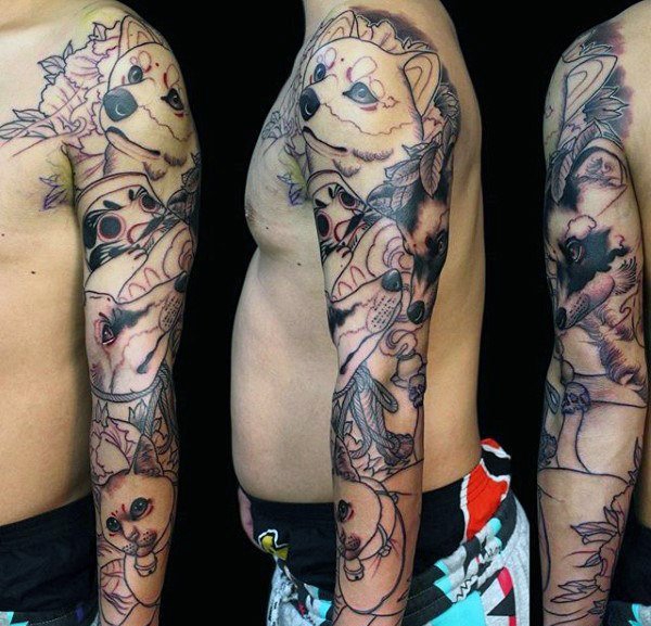 点击大图看下一张：男性手臂上的各种可爱的浣熊纹身图案