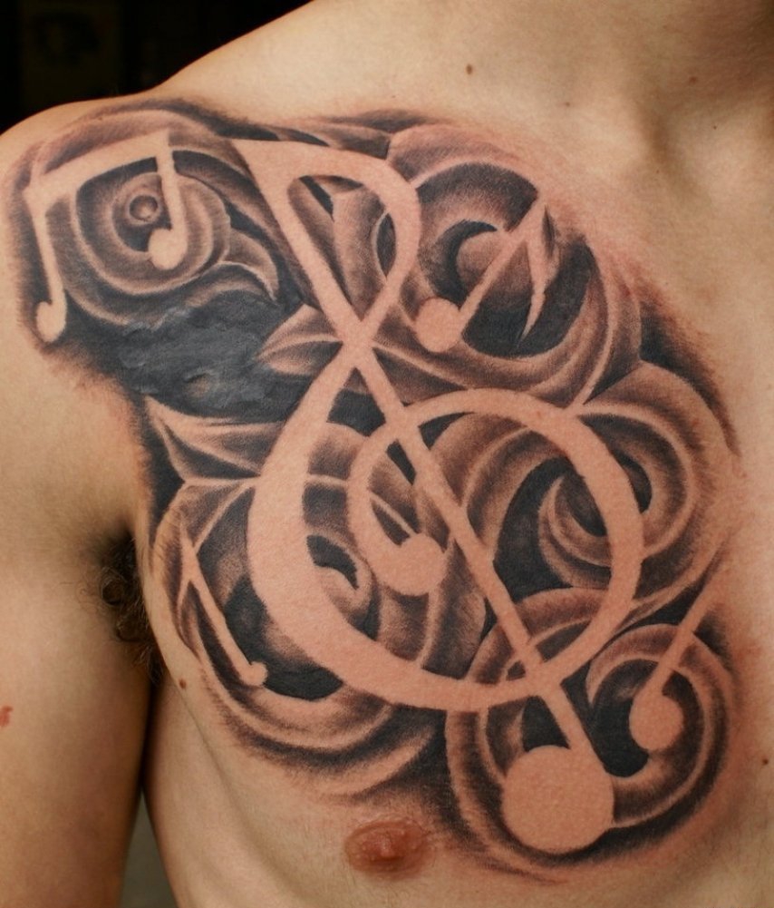 点击大图看下一张：男性手臂帅气的音乐符号主题纹身图案