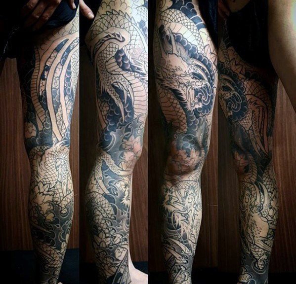 点击大图看下一张：男性腿上霸气的龙纹身图案