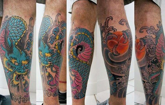 点击大图看下一张：男性腿上霸气的龙纹身图案