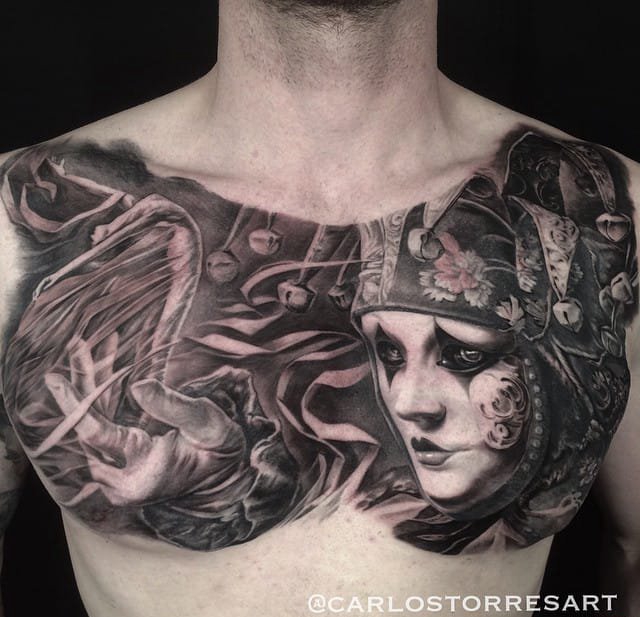 点击大图看下一张：多款黑灰色大面积现实主义风格人物纹身图案来自卡洛斯
