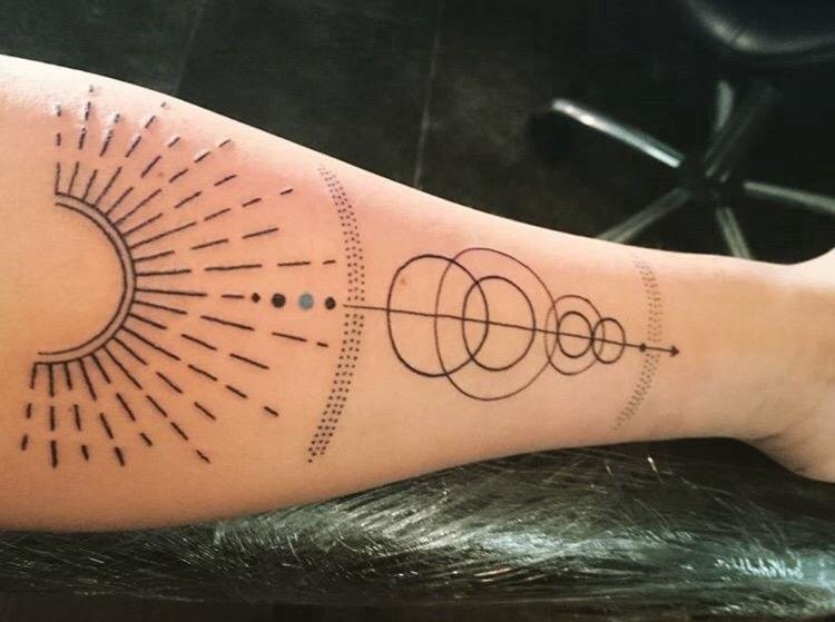 点击大图看下一张：手前臂上个性的几何图形描绘的太阳系纹身图片