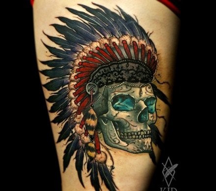 点击大图看下一张：很帅经典的酋长骷髅纹身图案