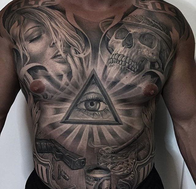 点击大图看下一张：巨大的黑灰色满胸纹身图案大全来自纹身师格雷格