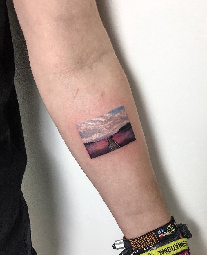 点击大图看下一张：男性手臂上瑞典的日落纹身风景图片