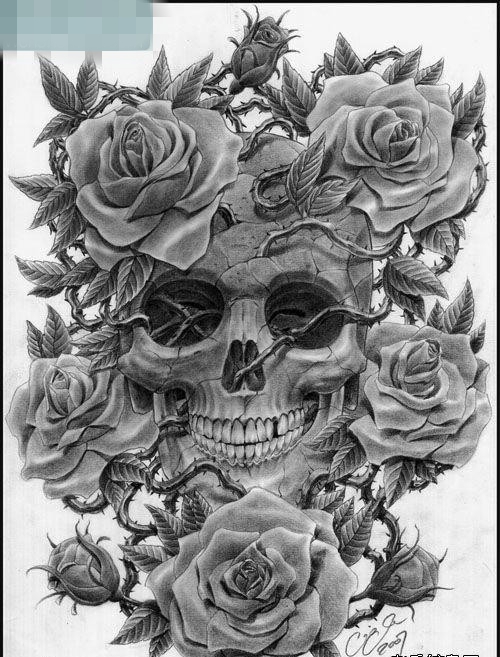 点击大图看下一张：精美很酷的一张黑灰骷髅玫瑰花纹身图案