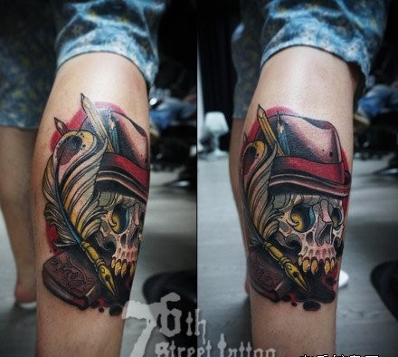 点击大图看下一张：腿部时尚潮流的骷髅纹身图案