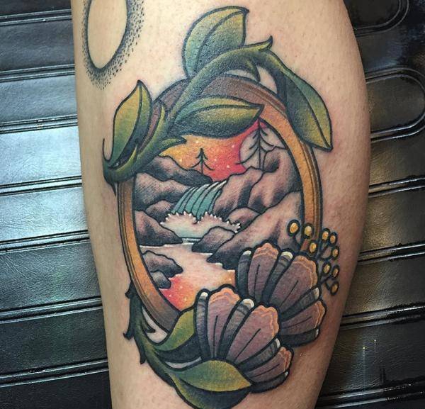 点击大图看下一张：有瀑布在里面的漂亮风景纹身图案