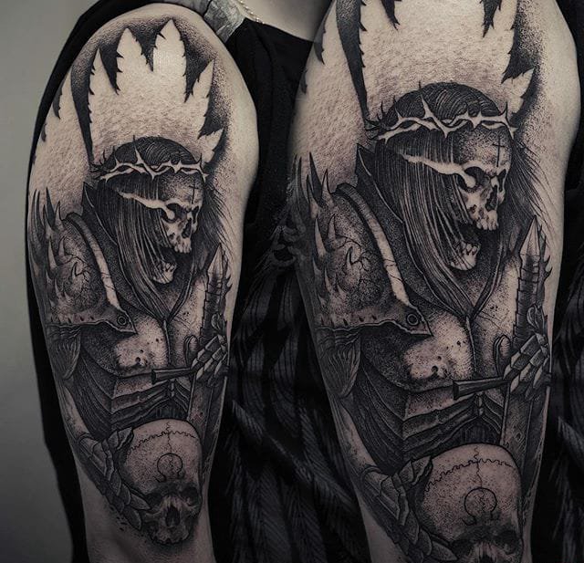 点击大图看下一张:黑色点刺纹身极具说明性的恐怖纹身图案大全