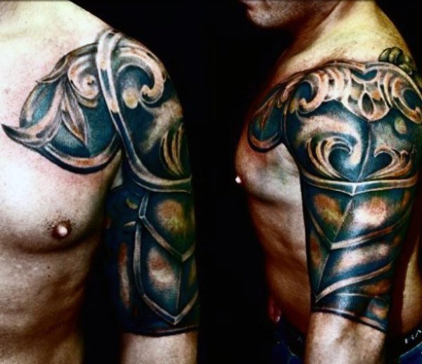 点击大图看下一张:男性肩膀半甲风格霸气的盔甲纹身图案
