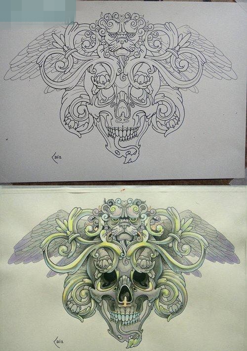 点击大图看下一张：很帅潮流的一张骷髅纹身图案