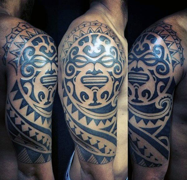 点击大图看下一张：男性强壮有力的花臂部落图腾纹身图案