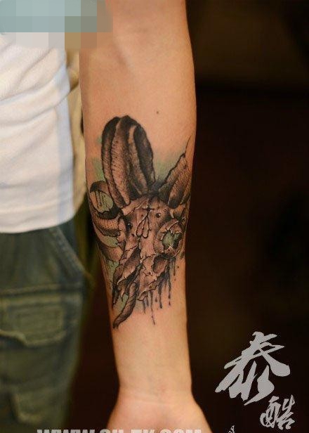 点击大图看下一张：男生手臂时尚帅气的一张羊头骷髅纹身图案