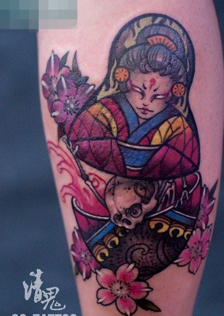 点击大图看下一张:腿部很酷潮流的一张骷髅纹身图案