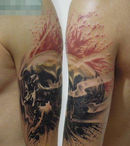 点击大图看下一张：手臂超酷经典的欧美写实骷髅纹身图案