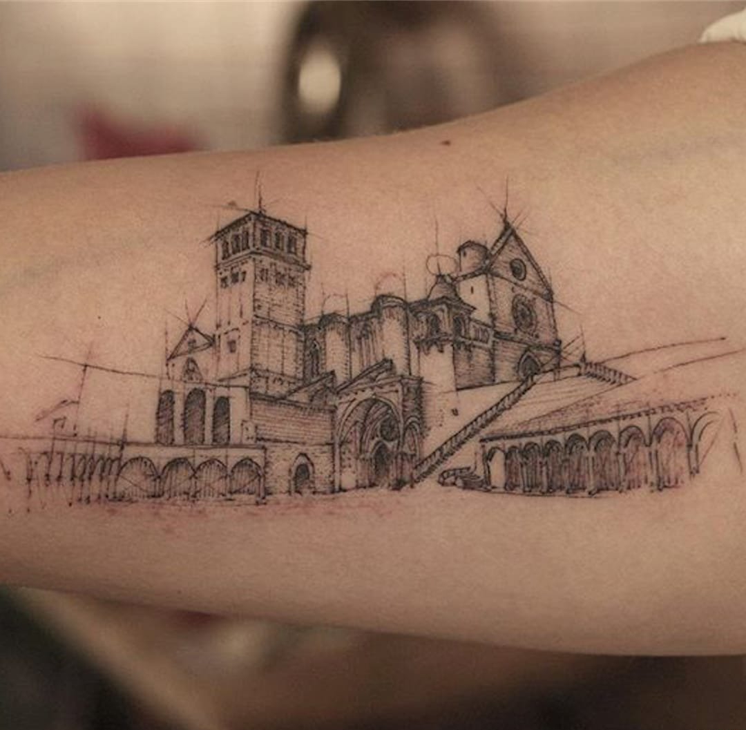 点击大图看下一张：粗略的建筑效果图简易纹身素描纹身图案