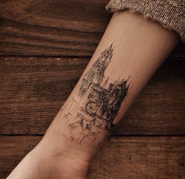 点击大图看下一张：粗略的建筑效果图简易纹身素描纹身图案