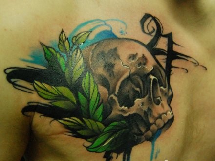 点击大图看下一张：男人前胸时尚经典的欧美素描骷髅纹身图案