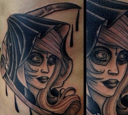点击大图看下一张：一张欧美女郎死神纹身图案