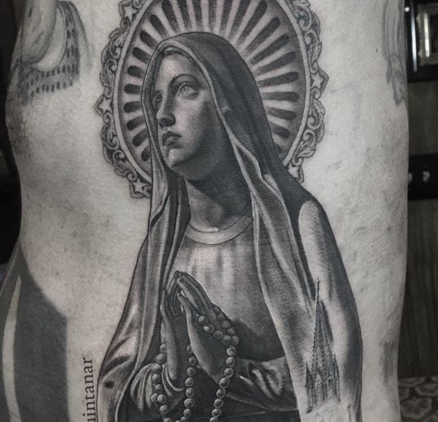 点击大图看下一张：黑灰色经典宗教图像纹身神话人物纹身图案