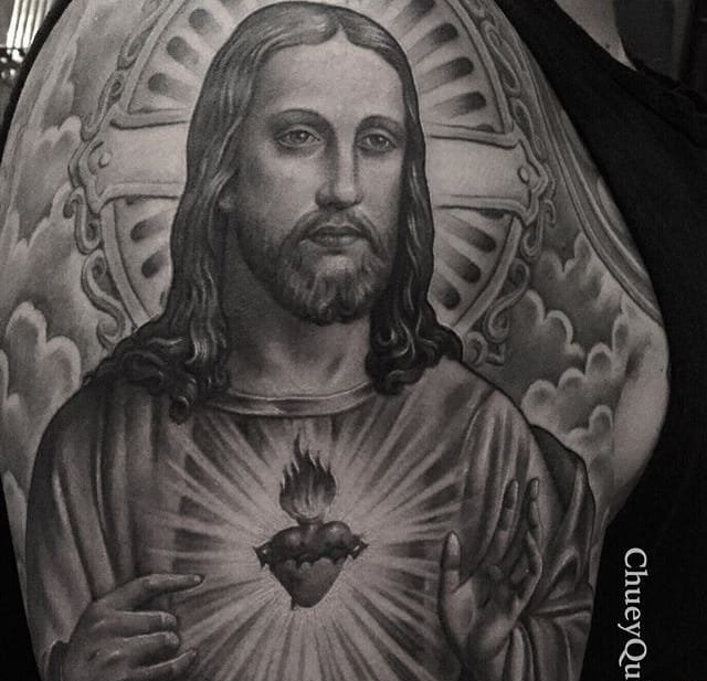 点击大图看下一张：黑灰色经典宗教图像纹身神话人物纹身图案