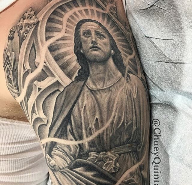 点击大图看下一张:黑灰色经典宗教图像纹身神话人物纹身图案