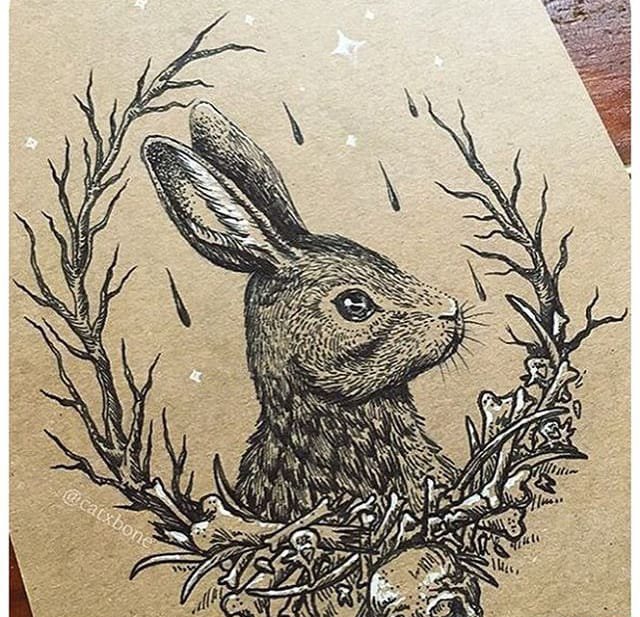 点击大图看下一张：黑色的点刺纹身动物图案纹身简单手稿兔子图案