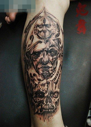 点击大图看下一张：腿部潮流经典的欧美骷髅与鬼头纹身图案