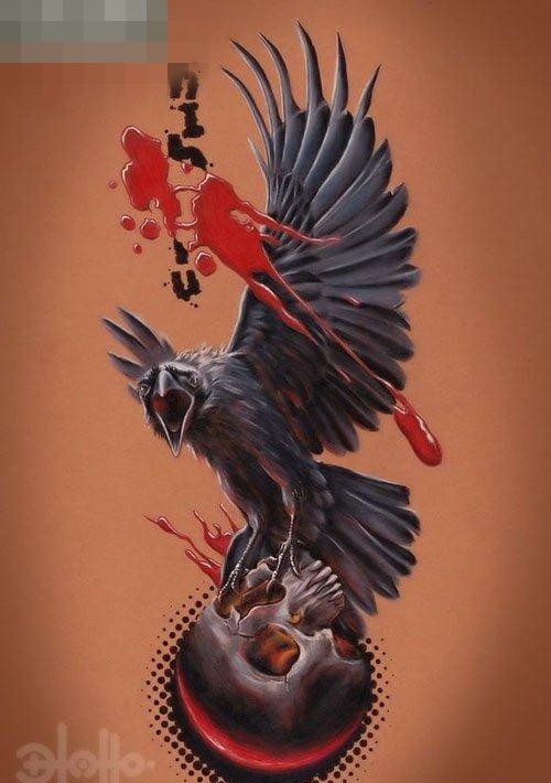 点击大图看下一张：一张超酷经典的乌鸦与骷髅纹身图案