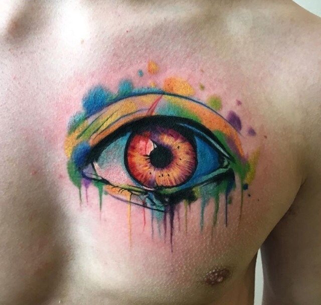 点击大图看下一张：男性左胸部上眼睛纹身水彩泼墨纹身图案