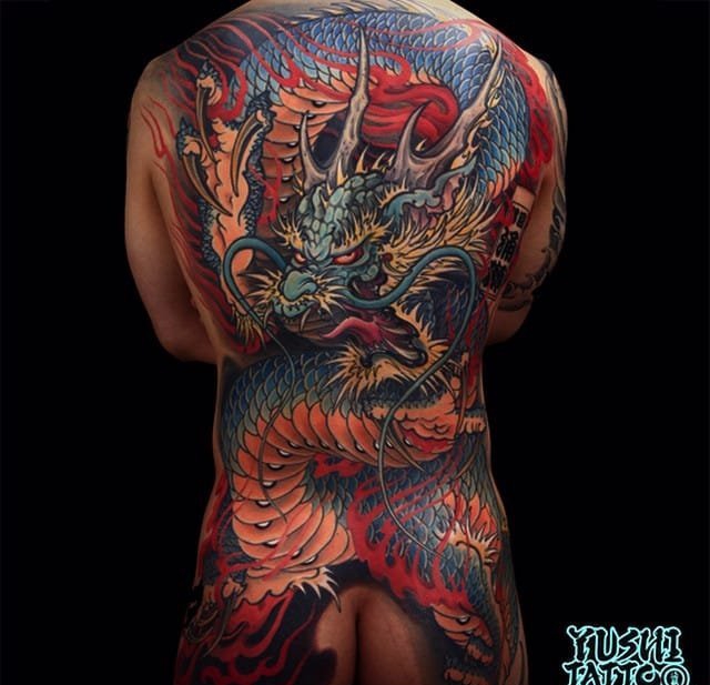 点击大图看下一张：日本彩色新传统传奇人物纹身动物图案纹身 by Yushi Tattoo