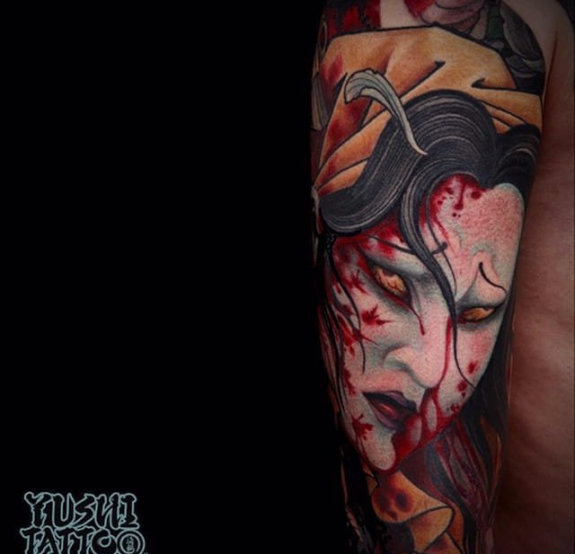 点击大图看下一张：日本彩色新传统传奇人物纹身动物图案纹身 by Yushi Tattoo