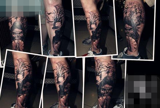 点击大图看下一张：腿部超酷时尚的死神纹身图案