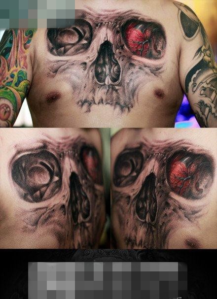 点击大图看下一张：男人前胸超酷的欧美骷髅纹身图案